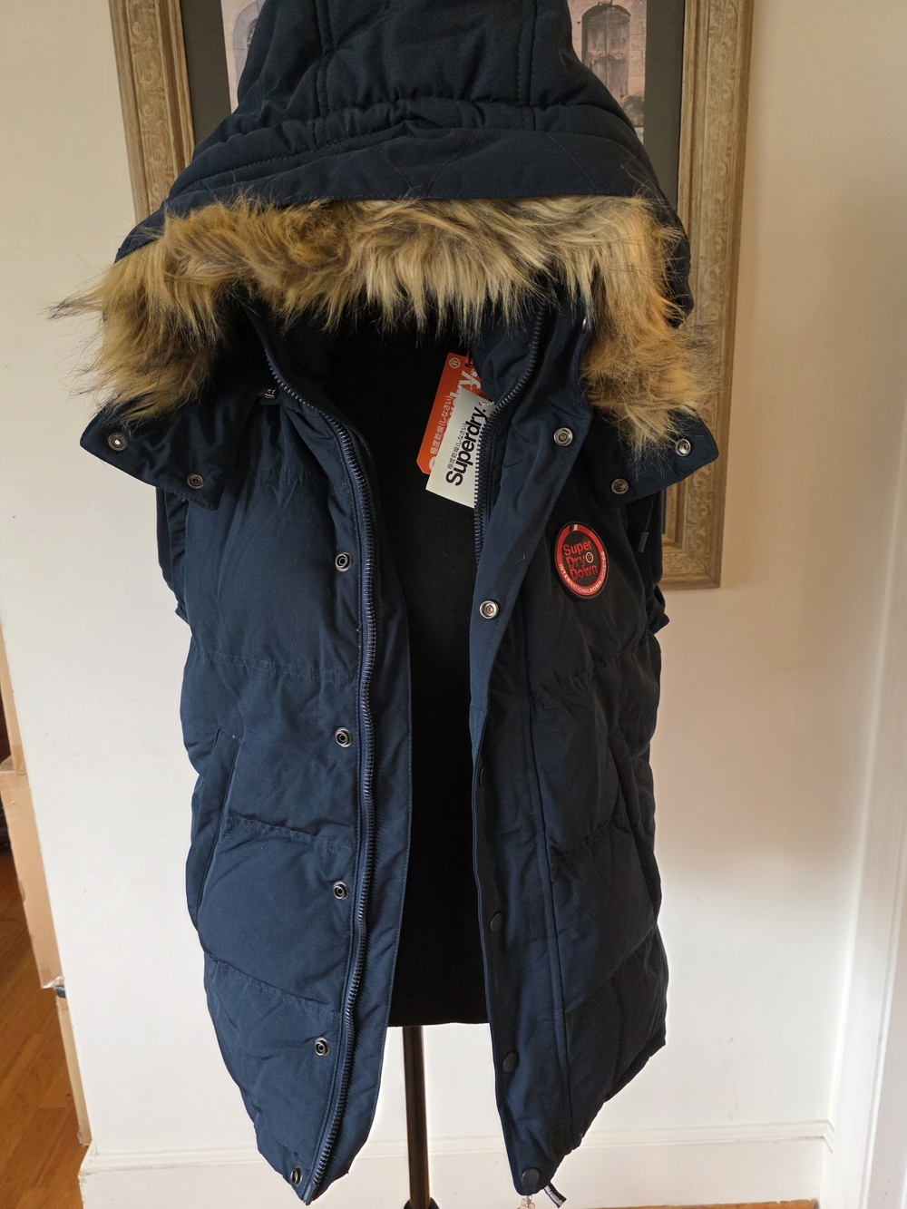 Superdry Navy Padded Hooded Gilet with Faux Fur Trim - Women